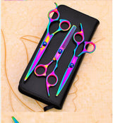 Pet grooming scissors in a colorful design, perfect for professional pet grooming services.