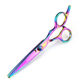 Pet grooming scissors with a colorful rainbow finish, professional quality for precise pet hair cutting.